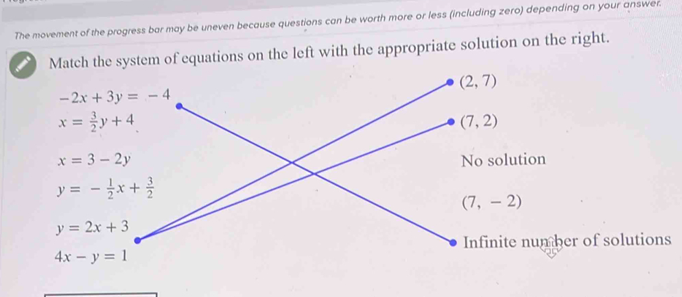 The movement of the progress bar may be uneven because questions can be worth more or less (including zero) depending on your answer.
ch the system of equations on the left with the appropriate solution on the right.
of solutions