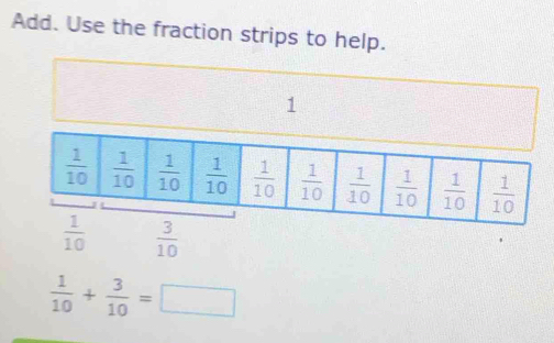 Add. Use the fraction strips to help.
1
 1/10   3/10 
 1/10 + 3/10 =□