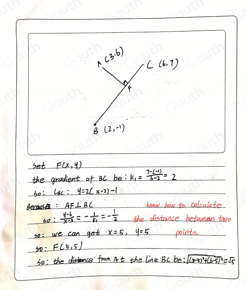 A(3.6) C(6,7)
F
B (2,-1)
set F(x,y)
the gradient of BC be: k_1= (7-(-1))/b-2 =2
bo: CBC : y=2(x-2)-1
Because : AF⊥ BC know how to calculate 
b0:  (y-6)/x-3 =-frac 1k_1=- 1/2  the distance between two 
so: we can get _ x=5,y=5 points. 
s0: F(5,5)
So: the distance from At the line Bc be: sqrt((3-5)^2)+(6-5)^2=sqrt(5)