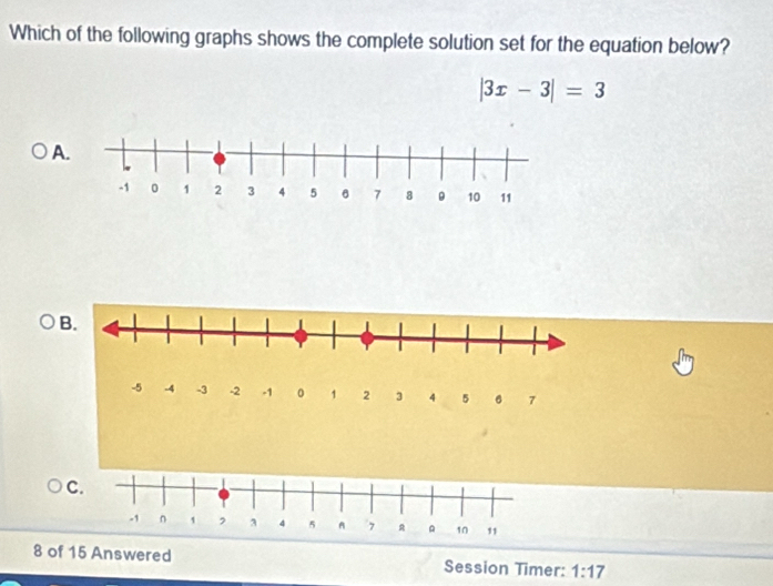 Which of the following graphs shows the complete solution set for the equation below?
|3x-3|=3

C. 
8 of 15 Answered Session Timer: 1:17