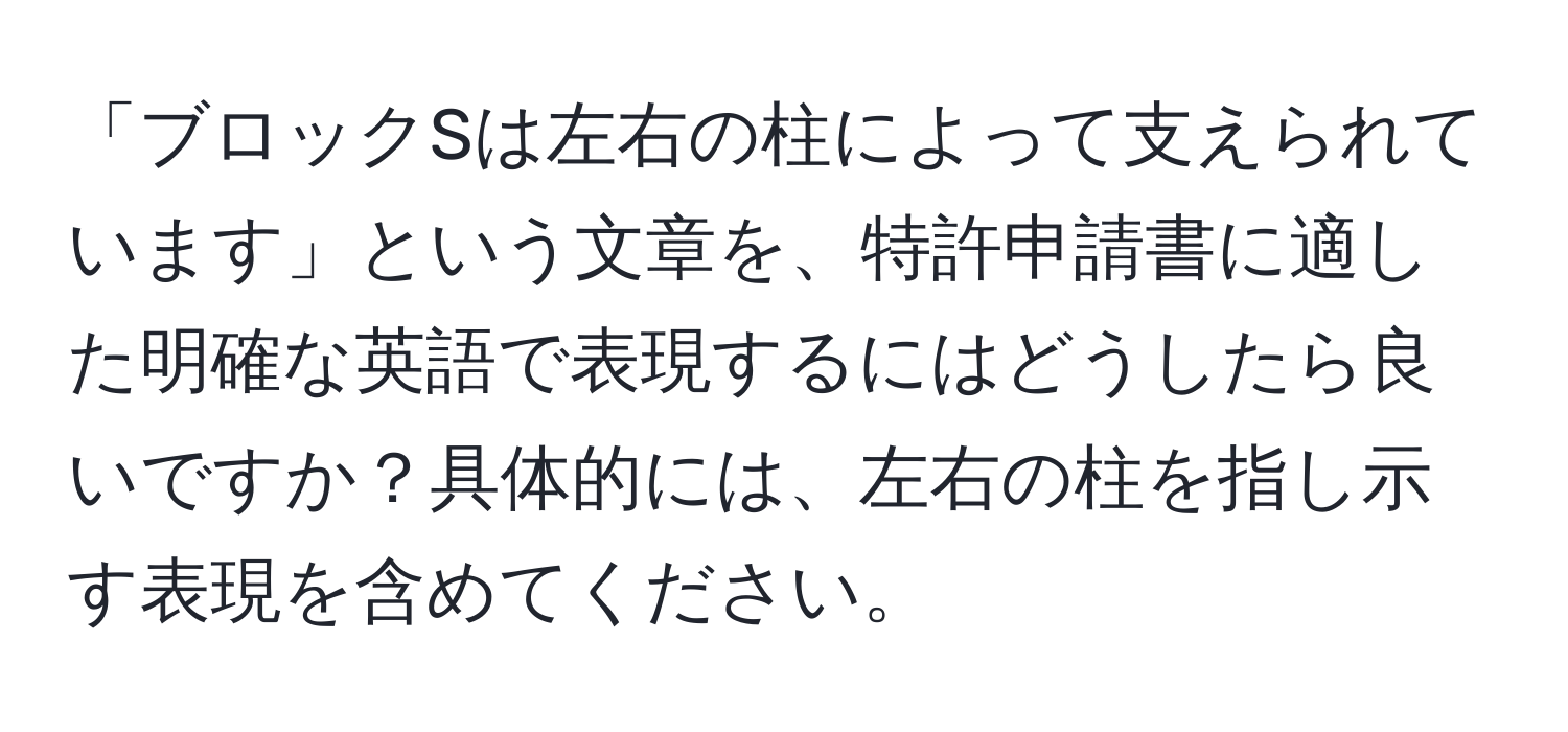 「ブロックSは左右の柱によって支えられています」という文章を、特許申請書に適した明確な英語で表現するにはどうしたら良いですか？具体的には、左右の柱を指し示す表現を含めてください。