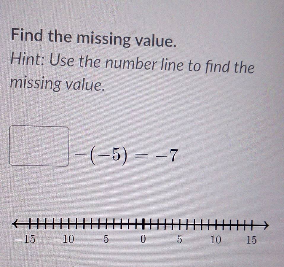 Find the missing value. 
Hint: Use the number line to find the 
missing value.
□ -(-5)=-7