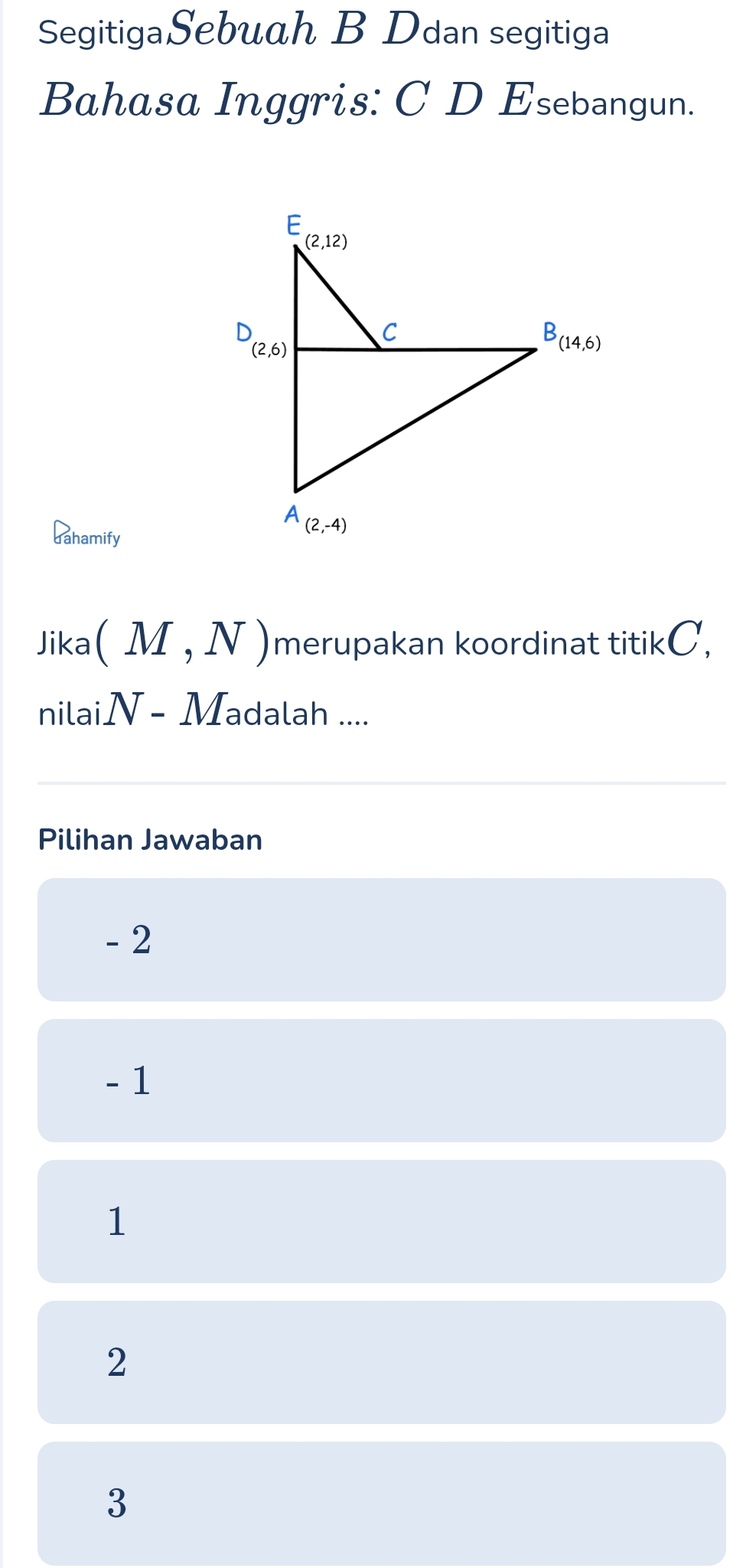 SegitigaSebuah B Ddan segitiga
Bahasa Inggris: C D Esebangun.
dahamify
Jika (M,N) merupakan koordinat titikC,
nilaiN - Madalah ....
Pilihan Jawaban
- 2
- 1
1
2
3