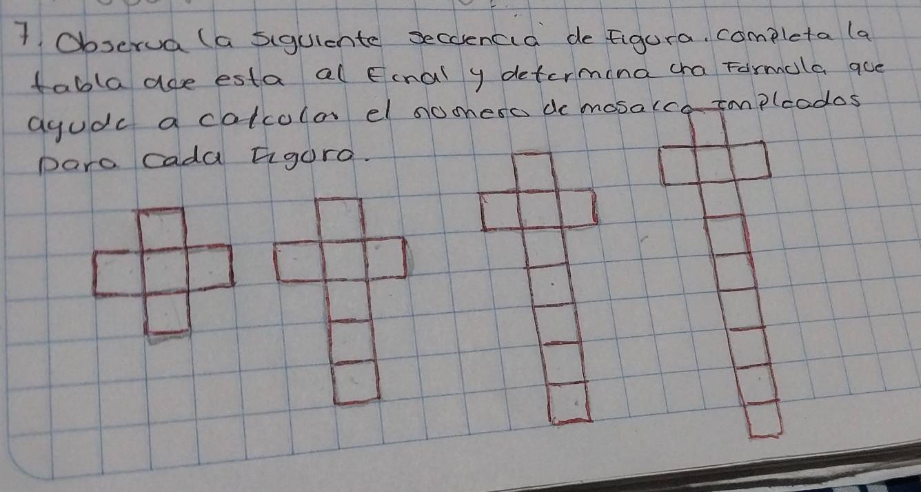 Obserua (a siquiente seccencia defigura, completa (a 
tabla aoe esta al Einal y determina cha Farmola aue 
agudc a colcola el nooeso do mosarca impleodos 
paro cada Figora.