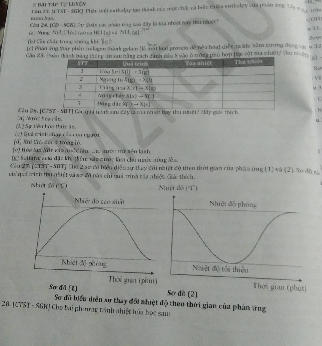 bài Tập tự luyện        
Câu 23. [CTST - SGK] Phân biệt enthalpy tạo thành của một chất và biến thiên enthalpy của phản ứng. Lấy vị i trận
minh họa, t(OH)
Câu 24. [CD· SGK] ] Dự đoán các phản ứng sau đây là tỏa nhiệt hay thu nhiệt?
(a) Nung NH_4Cl(s) tạo ra HCI(g) và NH_3(g) u 31.
đuợ
(b) Cŏn chảy trong không khí.
(c) Phán ứng thủy phân collagen thành gelain (là một loại protein dễ tiêu hóa) diễn ra khi hầm xương động vận u 32
Câu 25. Hoàn thành bảng thông tin sau bằng cách đánh dầu X vào ô trống phủ hợp (tại cột tỏa nhiệt / thu nhiện
g -
N u
Về
u 3
C
Câu 26. [C] Các quá trình sau đây là tòa nhiệt hay thu nhiệt? Hãy giải thích.
N
(a) Nước hóa rấn.
u
(b) Sự tiêu hóa thức ăn.
(c) Quá trình chạy của con người.
(d) Khí CH₄ đốt ở trong lò.
(e) Hòa tan KBr vào nước làm cho nước trở nện lạnh. )
(g) Sulfuric acid đặc khi thêm vào nước làm cho nước nóng lên.
Câu 27. JC -1
CTST - SBT] Cho 2 sơ đồ biểu diễn sự thay đối nhiệt độ theo thời gian của phản ứng (1) và (2). Sơ đô nà
chỉ quá trình thu nhiệt và sơ đồ nào chỉ quá trình tỏa nhiệt. Giải thích.
Nhiệt do(^circ C) Nhiệt độ (^circ C)
Sơ đồ (1) Sơ đồ (2)
Sơ đồ biểu diễn sự thay đổi nhiệt độ theo thời gian của phản ứng
28. [CTST - SGK] Cho hai phương trình nhiệt hóa học sau: