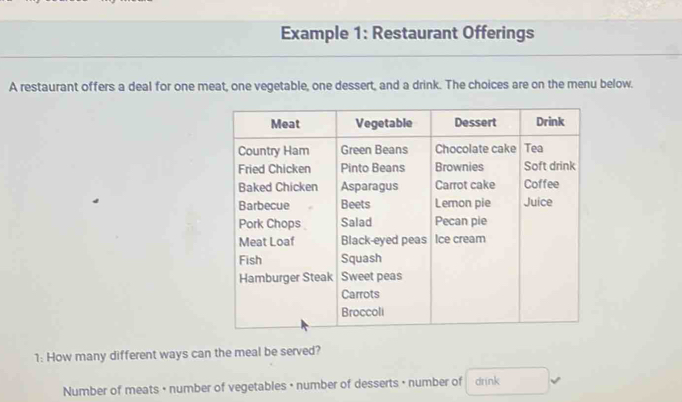 Example 1: Restaurant Offerings 
A restaurant offers a deal for one meat, one vegetable, one dessert, and a drink. The choices are on the menu below. 
1: How many different ways can the meal be served? 
Number of meats • number of vegetables • number of desserts • number of drink