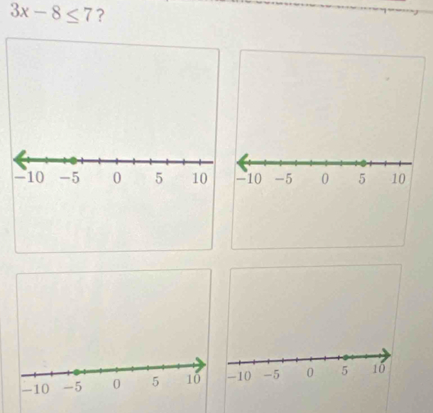 3x-8≤ 7 ?
10 -5 0 5 10
-10 -5 0 5 10 -10 -5 0 5 10