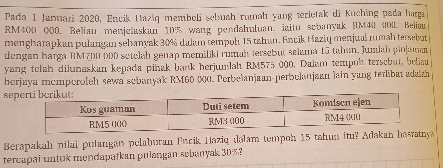 Pada 1 Januari 2020, Encik Haziq membeli sebuah rumah yang terletak di Kuching pada harga
RM400 000. Beliau menjelaskan 10% wang pendahuluan, iaitu sebanyak RM40 000. Beliau 
mengharapkan pulangan sebanyak 30% dalam tempoh 15 tahun. Encik Haziq menjual rumah tersebut 
dengan harga RM700 000 setelah genap memiliki rumah tersebut selama 15 tahun. Jumlah pinjaman 
yang telah dilunaskan kepada pihak bank berjumlah RM575 000. Dalam tempoh tersebut, beliau 
berjaya memperoleh sewa sebanyak RM60 000. Perbelanjaan-perbelanjaan lain yang terlibat adalah 
se 
Berapakah nilai pulangan pelaburan Encik Haziq dalam tempoh 15 tahun itu? Adakah haa 
tercapai untuk mendapatkan pulangan sebanyak 30%?