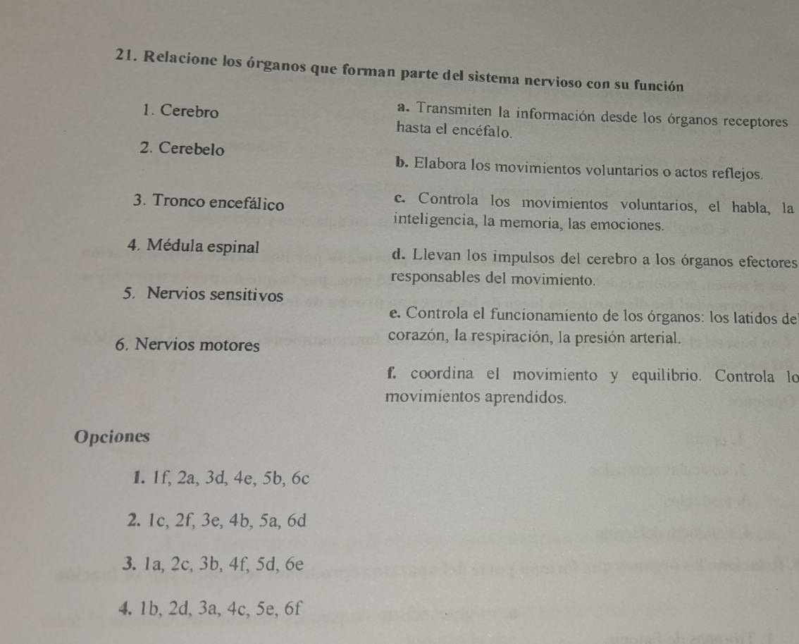 Relacione los órganos que forman parte del sistema nervioso con su función
a. Transmiten la información desde los órganos receptores
1. Cerebro hasta el encéfalo.
2. Cerebelo b. Elabora los movimientos voluntarios o actos reflejos.
3. Tronco encefálico
c. Controla los movimientos voluntarios, el habla, la
inteligencia, la memoria, las emociones.
4. Médula espinal d. Llevan los impulsos del cerebro a los órganos efectores
responsables del movimiento.
5. Nervios sensitivos
e. Controla el funcionamiento de los órganos: los latidos de
6. Nervios motores
corazón, la respiración, la presión arterial.
f. coordina el movimiento y equilibrio. Controla lo
movimientos aprendidos.
Opciones
1. 1f, 2a, 3d, 4e, 5b, 6c
2. 1c, 2f, 3e, 4b, 5a, 6d
3. 1a, 2c, 3b, 4f, 5d, 6e
4. 1b, 2d, 3a, 4c, 5e, 6f