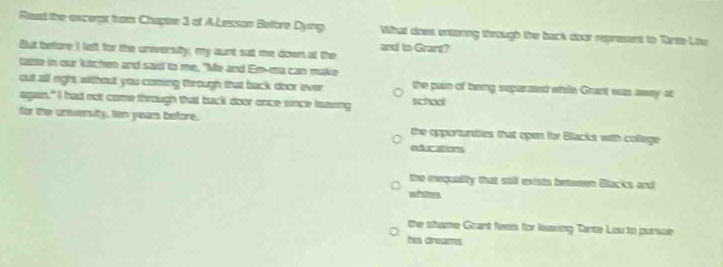 Read the oxcerpt from Chaptar 3 of A Lesson Before Dying What does entaring through the back doot represent to Tirte Loe
and to Grare?
But before I left for the uniersity; my aunt sat me down at the
taste in our kitchen and sai to me. "Me and Em-ma can make
out all rghs, without you coming through that back door ever the parn of being separated while Grant was away at
again," I) had not come through that back door once since leasing school
for the unversity, ten years before. the opportunities that open for Blacks with college
educations
the inequality that stll exists betwwen Btacks and
whtms
the shame Grant feels for lsaning Tarte Lou to pursue
hes dresams