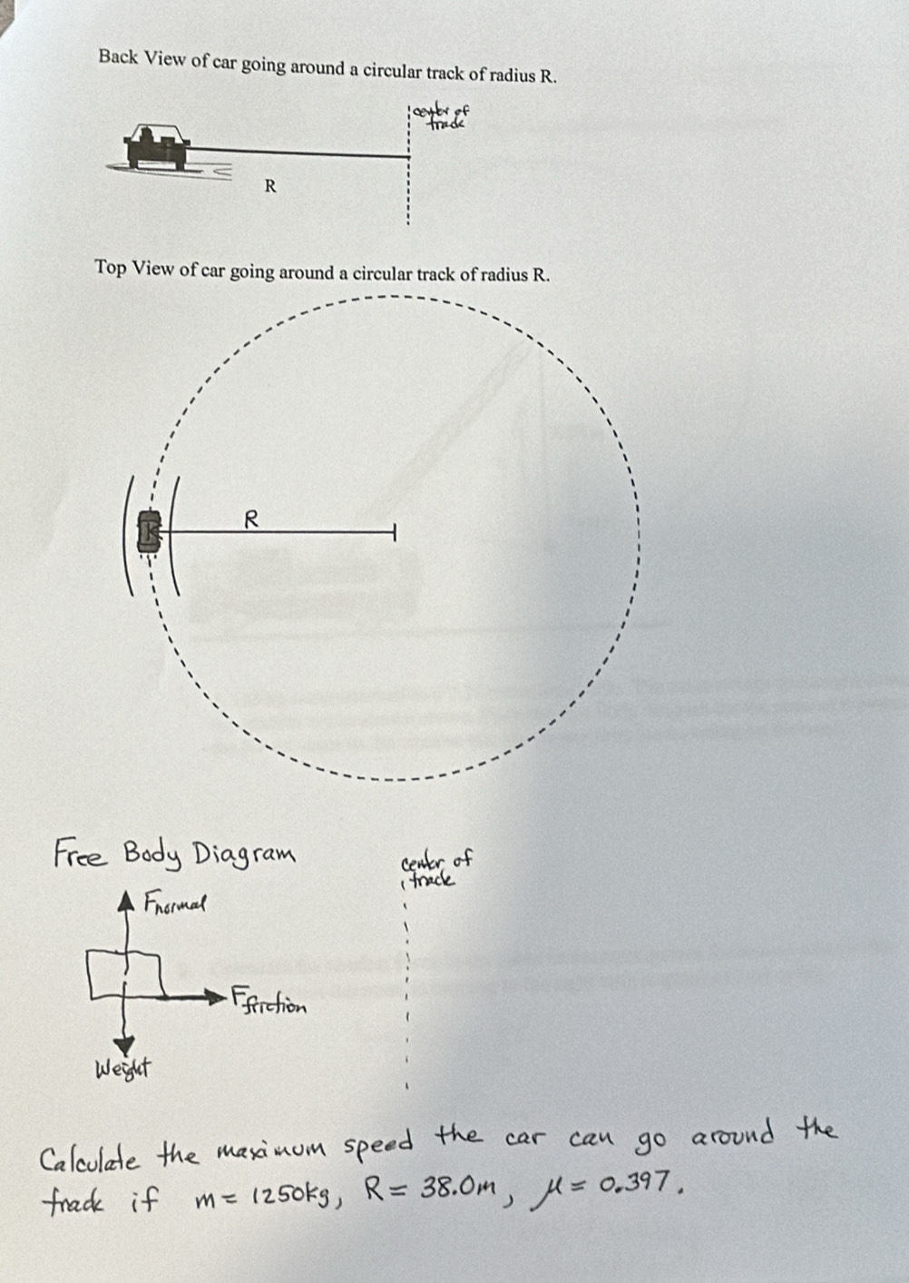 Back View of car going around a circular track of radius R. 
Top View of car going around a circular track of radius R.