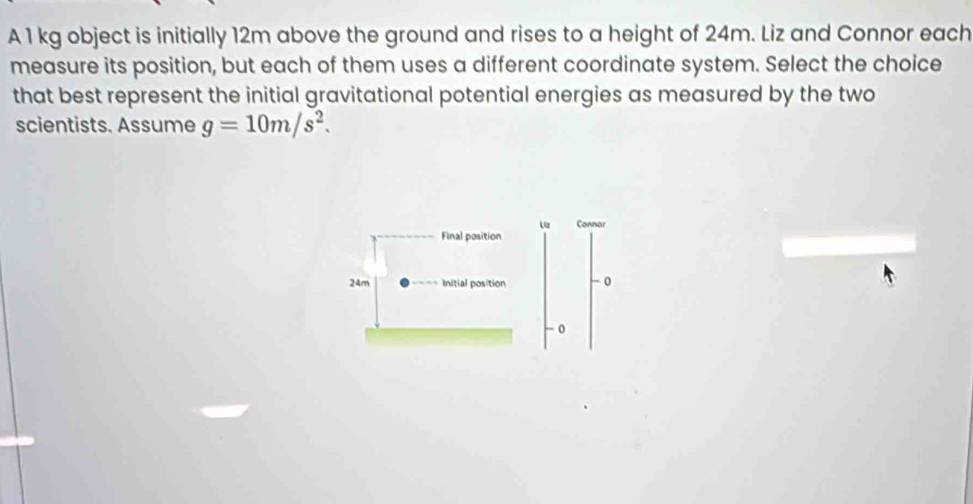 A 1 kg object is initially 12m above the ground and rises to a height of 24m. Liz and Connor each 
measure its position, but each of them uses a different coordinate system. Select the choice 
that best represent the initial gravitational potential energies as measured by the two 
scientists. Assume g=10m/s^2.