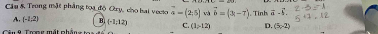 Trong mặt phẳng tọa độ Oxy, cho hai vecto vector a=(2;5) và vector b=(3;-7). Tính vector a-vector b.
A. (-1;2) B (-1;12) D. (5;-2)
C. (1;-12)
Cần 9. Trong mặt phẳng