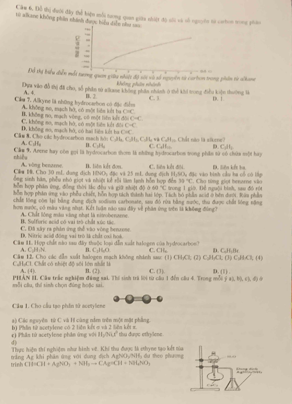 Đồ thị dưới đây thể hiện mối tương quan giữa nhiệt độ sối và số nguyên tử carbon trong phân
từ alkane không phân nhánh được biểu diễn như sau:
100
430
60
9
5(Q
=60
290
bA c
Đồ thị biểu diễn mối tương quan giữa nhiệt độ sôi và số nguyên tử carbon trong phần tứ alkane
không phân nhánh
Dựa vào đồ thị đã cho, số phân tử alkane không phân nhánh ở thể khí trong điều kiện thường là
A. 4, B. 2. C. 3.
D. !.
Câu 7. Alkyne là những hydrocarbon có đặc điểm
A. không no, mạch hớ, có một liên kết ba C=C.
B. không no, mạch vòng, có một liên kết đôi C=C.
C. không no, mạch hở, có một liên kết đôi C=C.
D. không no, mạch hở, có hai liên kết ba Cequiv C.
Câu 8. Cho các hydrocarbon mach hòi C_3H_8, C_2H_2,C_3H_6 và C_6H_10 Chất nào là alkene?
A. C_3H_8 B. C_3H_6
C. C_4H_10. D. C_2H_2.
Câu 9. Arene hay còn gọi là hydrocarbon thơm là những hydrocarbon trong phân tử có chứa một hay
nhiều
A. vòng benzene. B. liên kết đơn. C. liên kết đôi. D. liên kết ba.
Câu 10. Cho 30 mL dung dịch HNO_3 đặc và 25 mL dung địch H₂SO₄ đặc vào bình cầu ba cổ có lập
ống sinh hàn, phễu nhỏ giọt và nhiệt kế rồi làm lạnh hỗn hợp đến 30°C. Cho từng giọt benzene vào
hỗn hợp phản ứng, đồng thời lắc đều và giữ nhiệt độ ở 60°C trong 1 giờ. Để nguội bình, sau đó rót
hỗn hợp phân ứng vào phẫu chiết, hỗn hợp tách thành hai lớp. Tách bỏ phần acid ở bên dưới. Rửa phần
chất lỏng còn lại bằng dung dịch sodium carbonate, sau đó rừa bằng nước, thu được chất lòng nặng
hơn nước, có màu vàng nhạt. Kết luận nào sau đây về phân ứng trên là không đúng?
A. Chất lỏng màu vàng nhạt là nitrobenzene.
B. Sulfuric acid có vai trò chất xúc tác.
C. Đã xảy ra phản ứng thế vào vòng benzene.
D. Nitric acid đóng vai trò là chất oxi hoá.
Câu 11. Hợp chất nào sau đây thuộc loại dẫn xuất halogen của hydrocarbon?
A. C_2H_7N. B. C _2H_6O. C. CH D. C_6H_5Br.
Câu 12. Cho các dẫn xuất halogen mạch không nhánh sau: (1) CH_3Cl;; (2) C_2H_5Cl; (3) C_3H_7Cl; (4)
C₆H₉Cl. Chất có nhiệt độ sôi lớn nhất là
A. (4). B. (2). C. (3). D. (1) .
PHẢN IL Câu trắc nghiệm đúng sai. Thí sinh trả lời từ câu 1 đến câu 4. Trong mỗi  a),b),c ,d j á
mỗi câu, thí sinh chọn đúng hoặc sai.
Câu 1. Cho cầu tạo phân tử acetylene
a) Các nguyên tử C và H cùng nằm trên một mặt phẳng.
b) Phân tử acetylene có 2 liên kết σ và 2 liên kết π,
c) Phân tử acetylene phản ứng với H_2/Ni,tt^0 thu được ethylene.
d)
Thực hiện thí nghiệm như hình vẽ. Khí thu được là cthyne tạo kết tùa
trắng Ag khi phản ứng với dung dịch AgNO_3/NH_3 du theo phương
trình CHequiv CH+AgNO_3+NH_3to CAgequiv CH+NH_4NO_3
Dung địch
Ago H