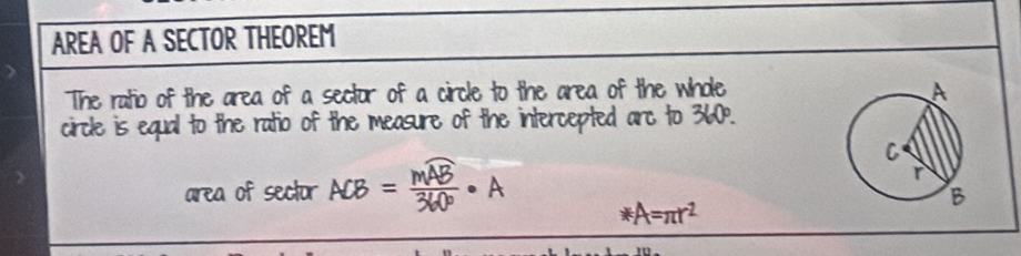 AREA OF A SECTOR THEOREM 
The ratio of the area of a sector of a circle to the area of the whole 
circle is equal to the ratio of the measure of the intercepted arc to 360°. 
area of sector ACB=frac moverline AB360°· A
*A=π r^2