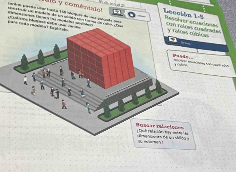 Janine puede usar hasta 150 bloques de una pulgada para 
Lección 1-5 
U l y coméntalo! Resolver ecuaciones 
dimensiones tienen los modelos posibles? 
construir un modelo de un sólido con forma de cubo. ¿Qué y raíces cúbicas 
para cada modelo? Explícalo. 
con raíces cuadradas 
¿Cuántos bloques debe usar Janine En áura 
Puedo... resoíver ecuaciones con quadrados 
y cubion. 
Buscar relaciones 
¿Qué relación hay entre las 
dimensiones de un sólido y 
su volumen?