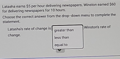 Latasha earns $5 per hour delivering newspapers. Winston earned $60
for delivering newspapers for 10 hours. 
Choose the correct answer from the drop-down menu to complete the 
statement. 
Latasha's rate of change is greater than Winston's rate of 
change. 
less than 
equal to