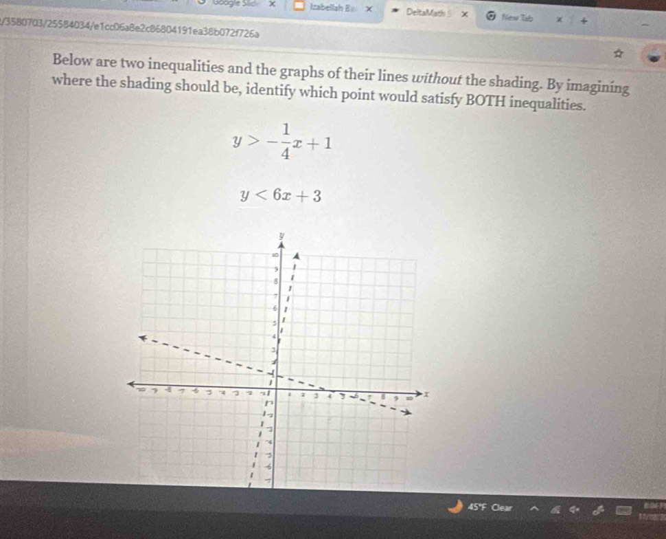 Google Slid x Izabellsh B X DeltaMath 5 × New Tab
/3580703/25584034/e1cc06a8e2c86804191ea38b072f726a
Below are two inequalities and the graphs of their lines without the shading. By imagining
where the shading should be, identify which point would satisfy BOTH inequalities.
y>- 1/4 x+1
y<6x+3