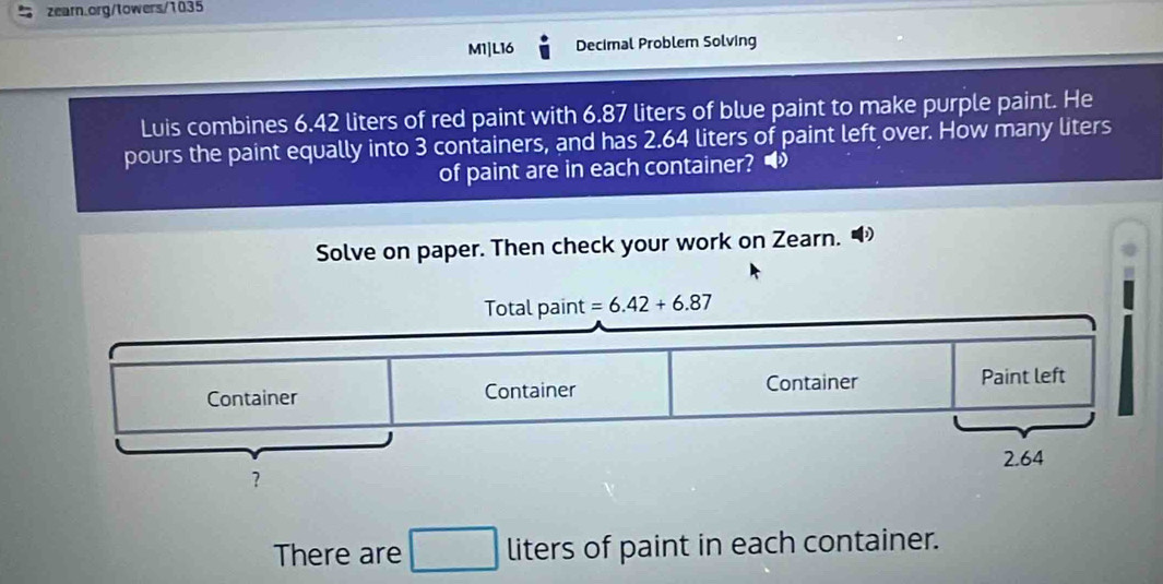 Solved: M1|L16 Decimal Problem Solving Luis combines 6.42 liters of red ...