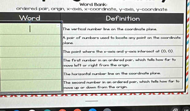 Word Bank:
ordered pair, origin, x-
Lê