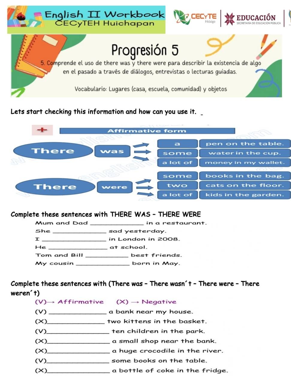 English II Workbook CECYTE educación 
ČECyTEH Huichapan Hidalgo SECRETARíA DE EDUCACIÓN PÚBLICA 
Progresión 5 9 
5. Comprende el uso de there was y there were para describir la existencia de algo 
en el pasado a través de diálogos, entrevistas o lecturas guiadas. 
Vocabulario: Lugares (casa, escuela, comunidad) y objetos 
Lets start checking this information and how can you use it. _ 
-1- Affirmative form 
a pen on the table. 
There was some water in the cup. 
a lot of money in my wallet. 
some books in the bag. 
There were two cats on the floor. 
a lot of kids in the garden. 
Complete these sentences with THERE WAS - THERE WERE 
Mum and Dad _in a restaurant. 
She_ sad yesterday. 
I _in London in 2008. 
He_ at school. 
Tom and Bill _best friends. 
My cousin _born in May. 
Complete these sentences with (There was - There wasn´ t - There were - There 
weren´t) 
(V)→ Affirmative (X) → Negative 
(V) _a bank near my house. 
(X)_ two kittens in the basket. 
(V)_ ten children in the park. 
(X) _a small shop near the bank. 
(X) _a huge crocodile in the river. 
(V)_ some books on the table. 
(X) _a bottle of coke in the fridge.