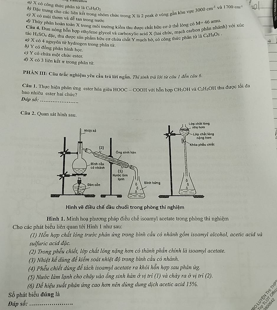 ication
a) X có công thức phân tử 1dC_4H_8O_2
b) Đặc trưng cho các liên k
chóm chức trong X là 2 peak ở vùng gần khu vực 3000cm^(-1) và 1700cm^(-1)
c) X có mùi thơm và đễ tan trong nước
d) Thủy phân hoàn toàn X trong mõi trường kiểm thu được chất hữu cơ ở thể lỏng có M=46amu.
tác Câu 4. Đun nóng hỗn hợp ethylene glycol và carboxylic acid X (hai chức, mạch carbon phân nhánh) với xúc
H_2SO 4 đặc, thu được sản phầm hữu cơ chứa chất Y mạch hở, có công thức phân tử là C₆HsOs .
a) X có 4 nguyên tử hydrogen trong phân tử.
b) Y có đồng phân hình học.
c) Y có chứa một chức ester.
d) X có 3 liên kết π trong phân tử.
PHÀN III: Câu trắc nghiệm yêu cầu trã lời ngắn. Thí sinh trà lời từ câu 1 đến câu 6.
Câu 1. Thực hiện phản ứng ester hóa giữa HOOC - COOH với hỗn hợp CH_3OH l và C_2H_5 OH thu được tối đa
bao nhiêu ester hai chức?
Đáp số:_
Câu 2. Quan sát hình sau.
Hình vẽ điều chế dầu chuối trong phòng thí nghiệm
Hình 1. Minh hoạ phương pháp điều chế isoamyl acetate trong phòng thí nghiệm
Cho các phát biểu liên quan tới Hình 1 như sau:
(1) Hỗn hợp chất lỏng trước phản ứng trong bình cầu có nhánh gồm isoamyl alcohol, acetic acid và
sulfuric acid đặc.
(2) Trong phẫu chiết, lớp chất lỏng nặng hơn có thành phần chính là isoamyl acetate.
(3) Nhiệt kế dùng để kiểm soát nhiệt độ trong bình cầu có nhánh.
(4) Phẫu chiết dùng để tách isoamyl acetate ra khỏi hỗn hợp sau phản ứg.
(5) Nước làm lạnh cho chảy vào ổng sinh hàn ở vị trí (1) và chảy ra ở vị trí (2).
(6) Để hiệu suất phản ứng cao hơn nên dùng dung dịch acetic acid 15%.
ố phát biểu đúng là
353
Đáp số:_