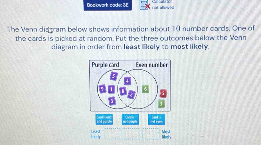 Calculator 
Bookwork code: 3E not allowed 
The Venn diagram below shows information about 10 number cards. One of 
the cards is picked at random. Put the three outcomes below the Venn 
diagram in order from least likely to most likely. 
Card is odd Card is Card is 
and purple not purple not even 
Least Most 
likely likely