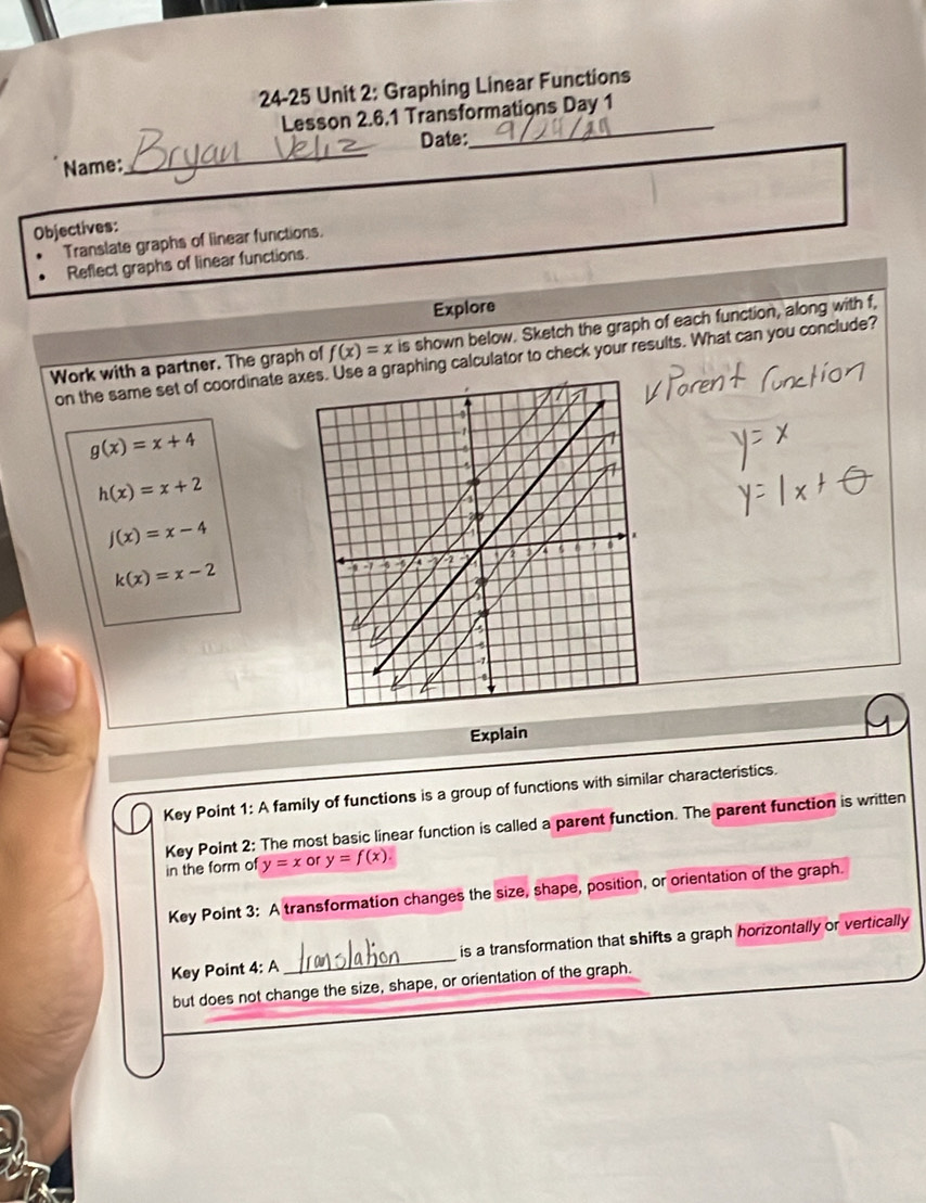 24-25 Unit 2: Graphing Linear Functions 
_ 
Lesson 2.6.1 Transformations Day 1 
Date: 
Name: 
_ 
Objectives: 
Translate graphs of linear functions. 
Reflect graphs of linear functions. 
Explore
f(x)=x is shown below. Sketch the graph of each function, along with f, 
Work with a partner. The graph of on the same set of coordinate agraphing calculator to check your results. What can you conclude?
g(x)=x+4
h(x)=x+2
J(x)=x-4
k(x)=x-2
Explain 
Key Point 1: A family of functions is a group of functions with similar characteristics. 
Key Point 2: The most basic linear function is called a parent function. The parent function is written 
in the form of y=x or y=f(x). 
Key Point 3: A transformation changes the size, shape, position, or orientation of the graph. 
Key Point 4: A _is a transformation that shifts a graph horizontally or vertically 
but does not change the size, shape, or orientation of the graph.