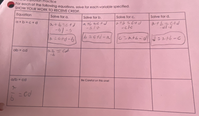 quation Practice
For each of the following equations, solve for each variable specified.