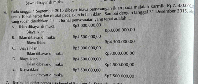 Sewa dibayar di muka
6. Pada tanggal 1 September 2015 dibayar biaya pemasangan iklan pada majalah Karmila Rp7.500.00
untuk 10 kali terbit dan dicatat pada akun beban iklan. Sampai dengan tanggal 31 Desember 2015, i
yang sudah diterbitkan 4 kali. Jurnal penyesuaian yang tepat adalah ....
A. Iklan dibayar di muka Rp3.000.000,00
Biaya iklan Rp3.000.000,00
B. Iklan dibayar di muka Rp4.500.000,00
Biaya iklan Rp4.500.000,00
C. Biaya iklan Rp3.000.000,00
Iklan dibayar di muka Rp3.000.000,00
D. Biaya iklan Rp4.500.000,00
Iklan dibayar di muka Rp4.500.000,00
E. Biaya iklan Rp7.500.000,00
Iklan dibayar di muka Rp7.500.000,00
7 Berikut ini daftər neraça sisa bengkel Bani per