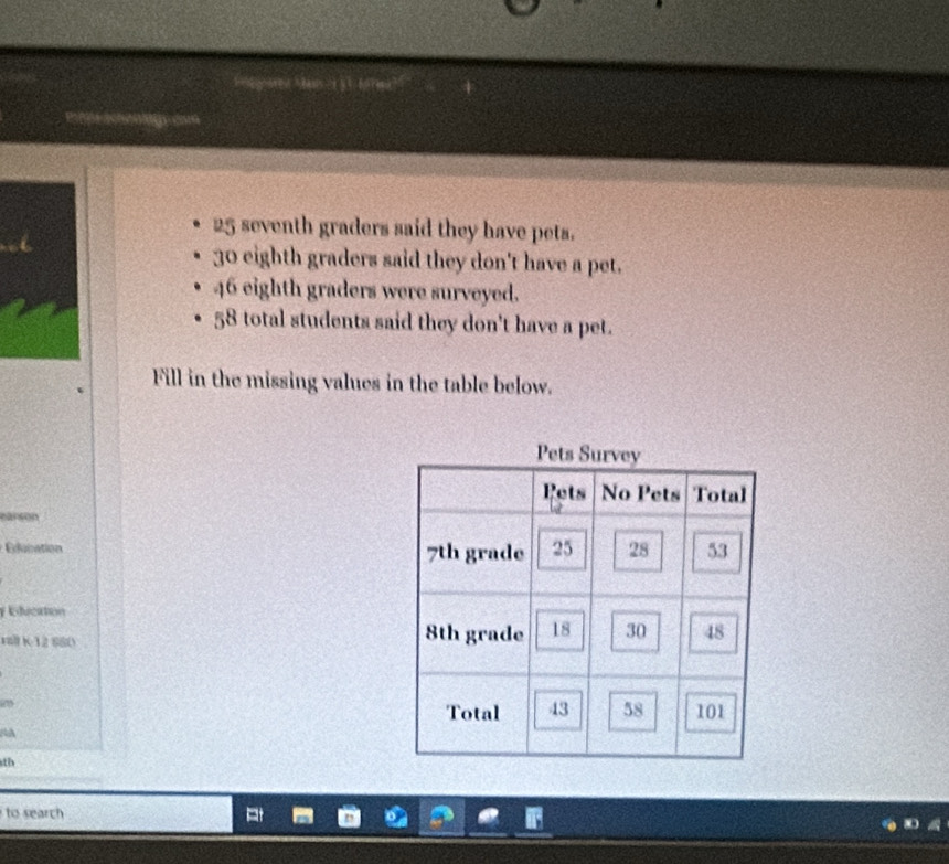 25 seventh graders said they have pets.
30 eighth graders said they don't have a pet.
46 eighth graders were surveyed.
58 total students said they don't have a pet. 
Fill in the missing values in the table below. 
earson 
Education 
Education 
*l K12 680 
NA 
th 
to search