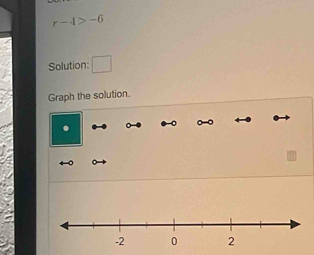 r-4>-6
Solution: □ 
Graph the solution. 
.