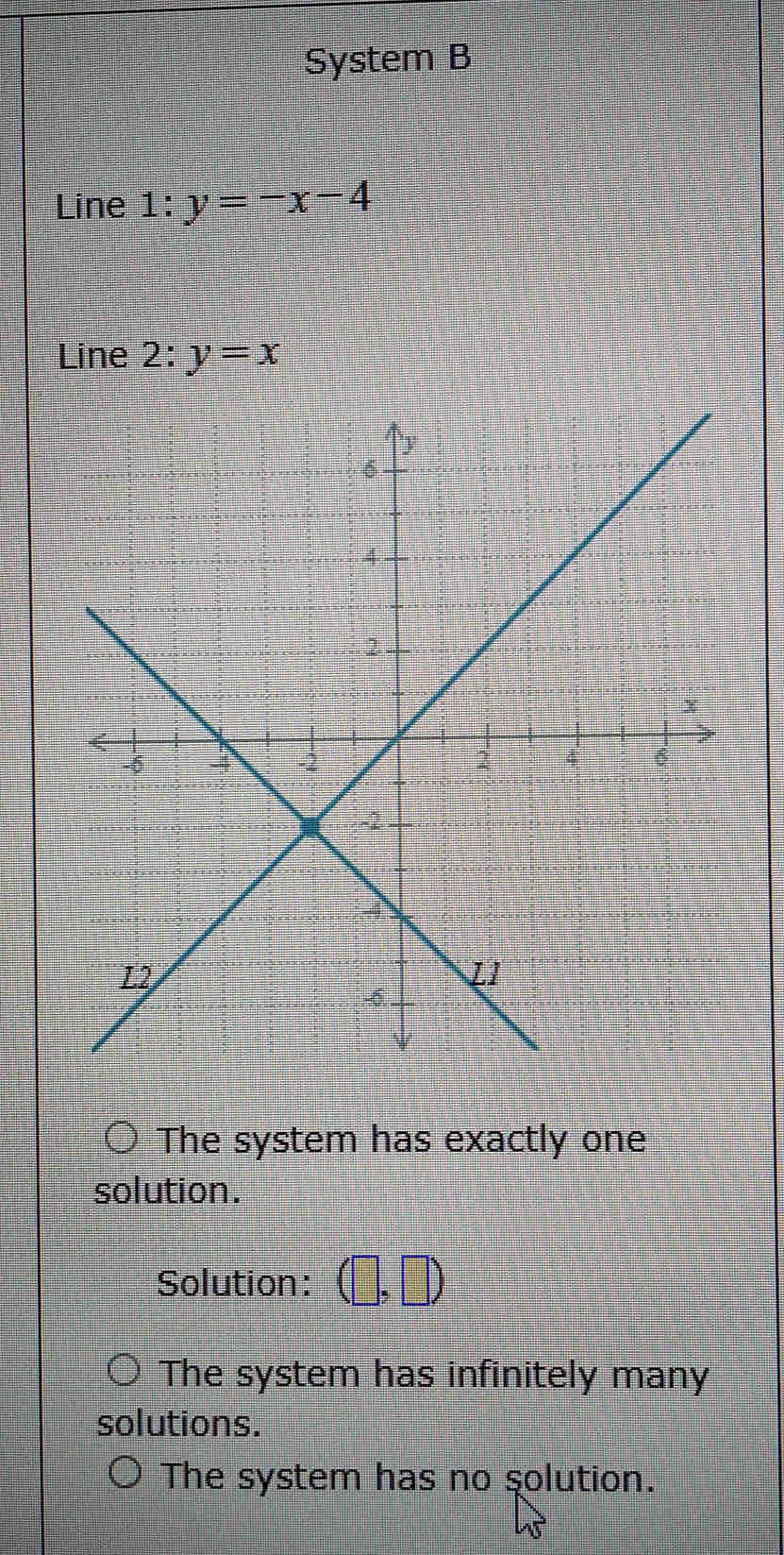 System B
Line 1: y=-x-4
Line 2:y=x
The system has exactly one
solution.
Solution: (□ ,□ )
The system has infinitely many
solutions.
The system has no solution.