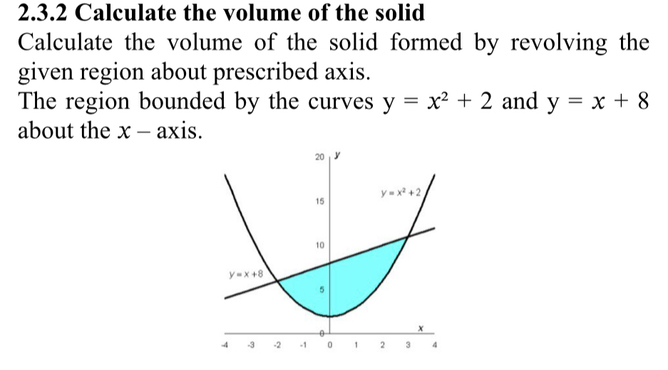 Calculate the volume of the solid
Calculate the volume of the solid formed by revolving the
given region about prescribed axis.
The region bounded by the curves y=x^2+2 and y=x+8
about the x-a xis.