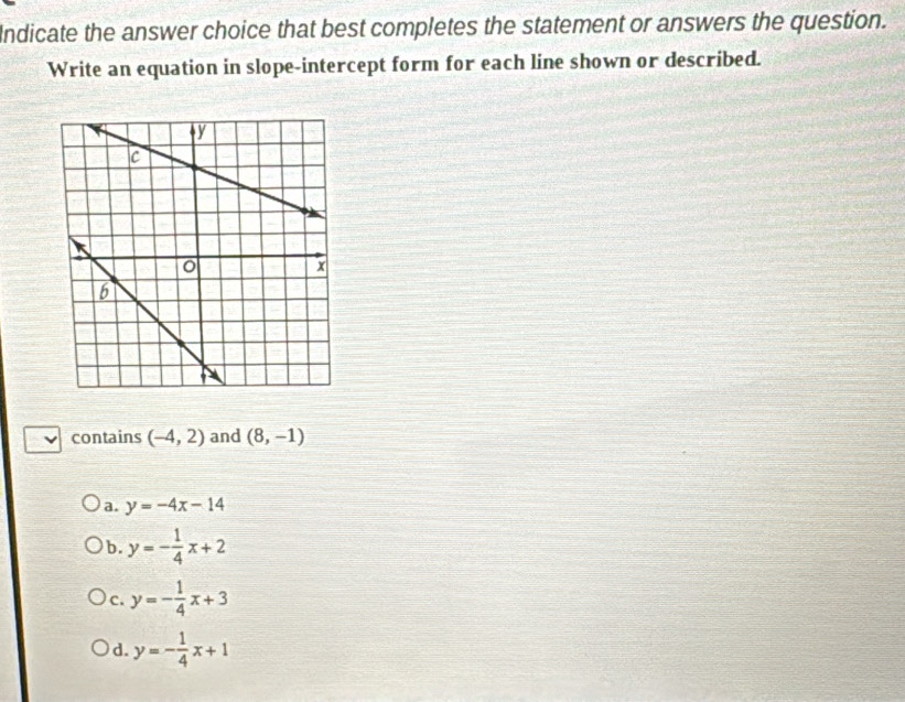 Indicate the answer choice that best completes the statement or answers the question.
Write an equation in slope-intercept form for each line shown or described.
contains (-4,2) and (8,-1)
a. y=-4x-14
b. y=- 1/4 x+2
c. y=- 1/4 x+3
d. y=- 1/4 x+1