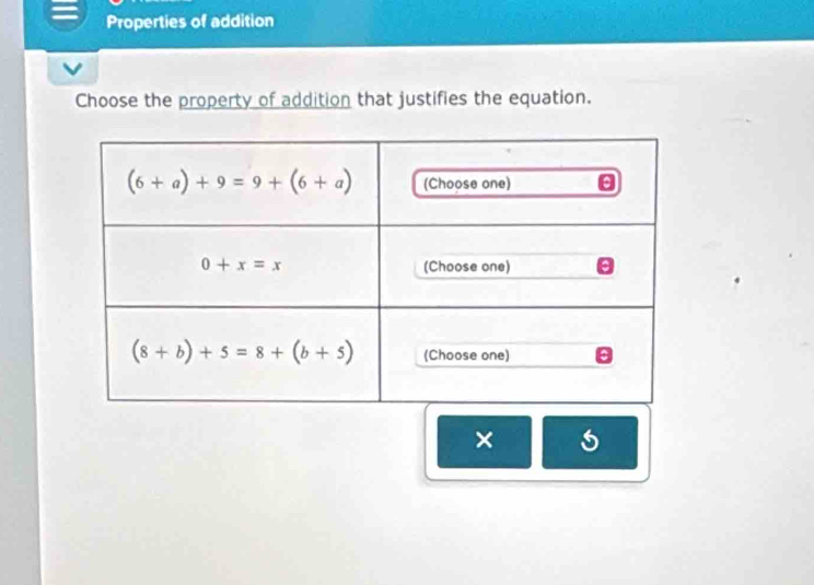 Properties of addition
Choose the property of addition that justifies the equation.
× 、