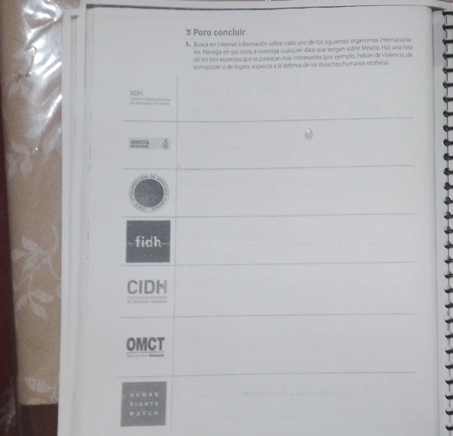 Para concluir 
Busca en internet información sobre cada uno de los siguientes organismos internaciona 
les. Navega en sus sitios e investiga cualquier dato que tengan sobre México. Haz una lista 
emplo, índices de violencia, de