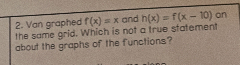 Van graphed f(x)=x and h(x)=f(x-10) on 
the same grid. Which is not a true statement 
about the graphs of the functions?