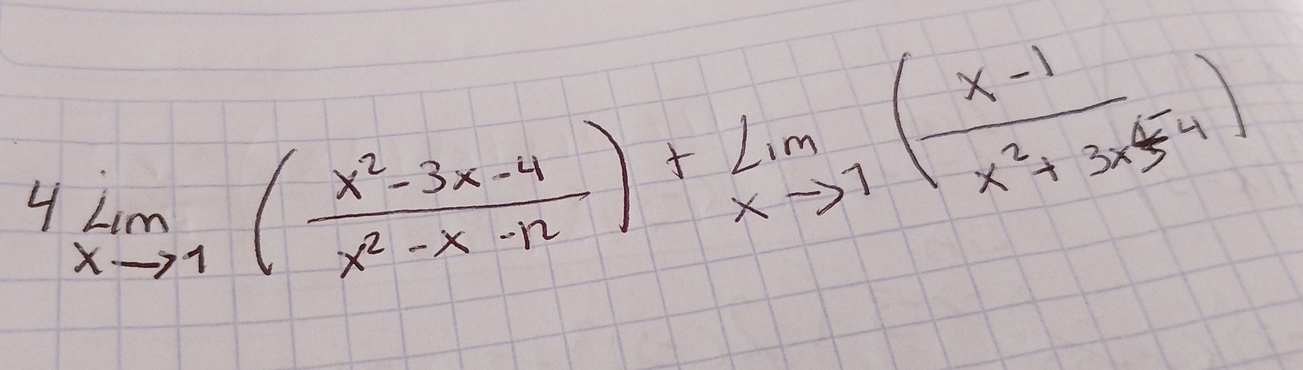 4 limlimits _xto 1( (x^2-3x-4)/x^2-x-12 )+limlimits _xto 1( (x-1)/x^2+3x+4 )