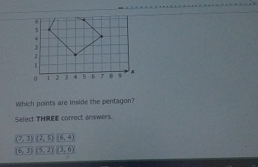 Which points are inside the pentagon?
Select THREE correct answers.
_ (7,3) (2,5) (6,4)
(6,3) (5,2) (3,6)