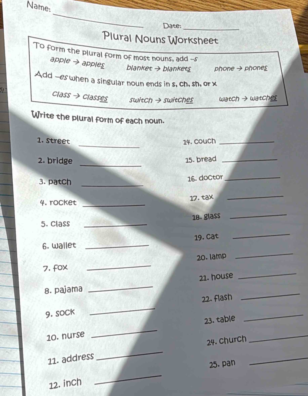 Solved: Name: _ Date:_ Plural Nouns Worksheet To form the plural form ...