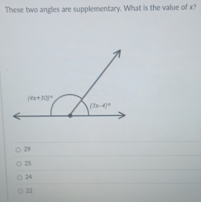 These two angles are supplementary. What is the value of x?
29
25
24
22