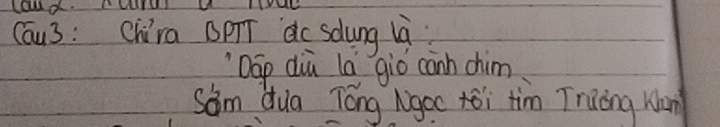 Cau3: Chira BpTT dc sdung là 
Dáp diù la giò cānn chim 
Sam dua Tóng Mgoc toi tim Truāng Wan