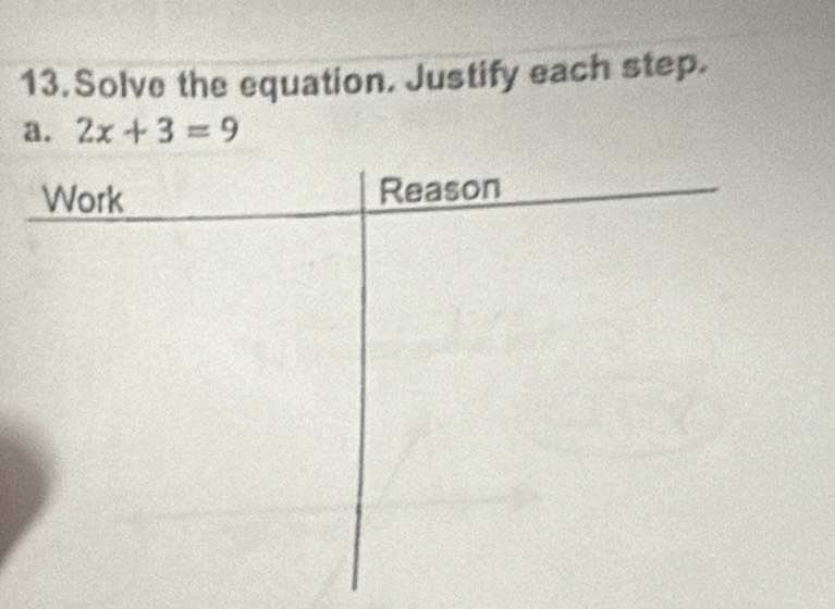 Solve the equation. Justify each step. 
a. 2x+3=9