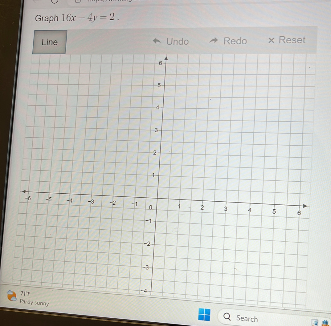 Graph 16x-4y=2.
Line Undo Redo × Reset
Search