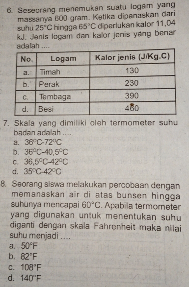 Seseorang menemukan suatu logam yang
massanya 600 gram. Ketika dipanaskan dari
suhu 25°C hingga 65°C diperlukan kalor 11,04
kJ. Jenis logam dan kalor jenis yáng benar
adalah ....
7. Skala yang dimiliki oleh termometer suhu
badan adalah ....
a. 36°C-72°C
b. 36°C-40,5°C
C. 36,5°C-42°C
d. 35°C-42°C
8. Seorang siswa melakukan percobaan dengan
memanaskan air di atas bunsen hingga
suhunya mencapai 60°C. Apabila termometer
yang digunakan untuk menentukan suhu 
diganti dengan skala Fahrenheit maka nilai
suhu menjadi ....
a. 50°F
b. 82°F
C. 108°F
d. 140°F