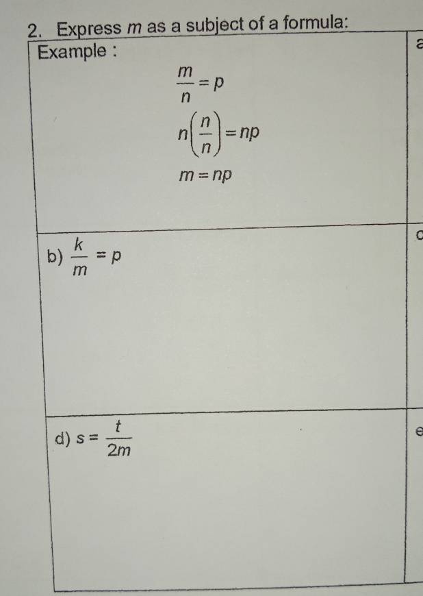 Express m as a subject of a formula:
a
C
e