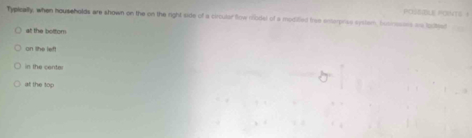 POSSIBLE PONTS 1
Typically, when households are shown on the on the right side of a circular flow model of a modified free enterpriss system, bosinesans are lodteed
at the bottom
on the left
in the centar
at the top