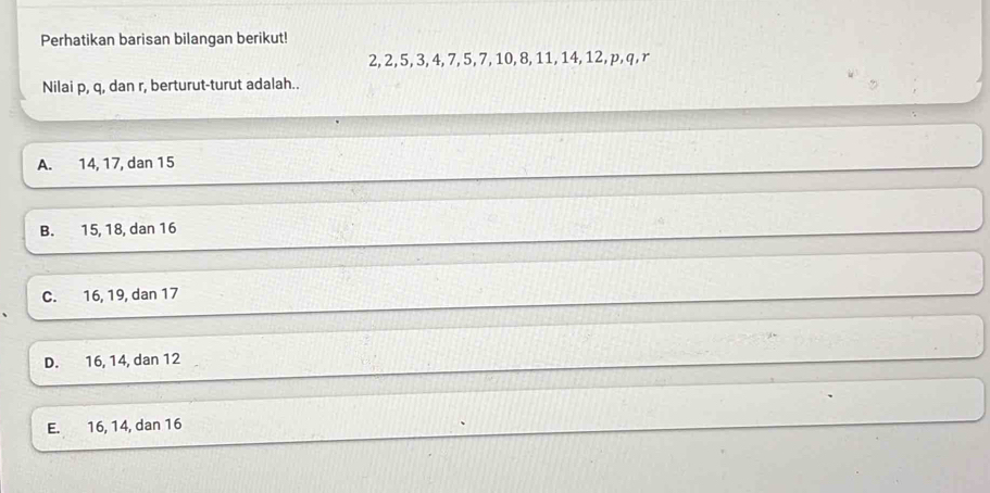 Perhatikan barisan bilangan berikut!
2, 2, 5, 3, 4, 7, 5, 7, 10, 8, 11, 14, 12, p, q, r
Nilai p, q, dan r, berturut-turut adalah..
A. 14, 17, dan 15
B. 15, 18, dan 16
C. 16, 19, dan 17
D. 16, 14, dan 12
E. 16, 14, dan 16