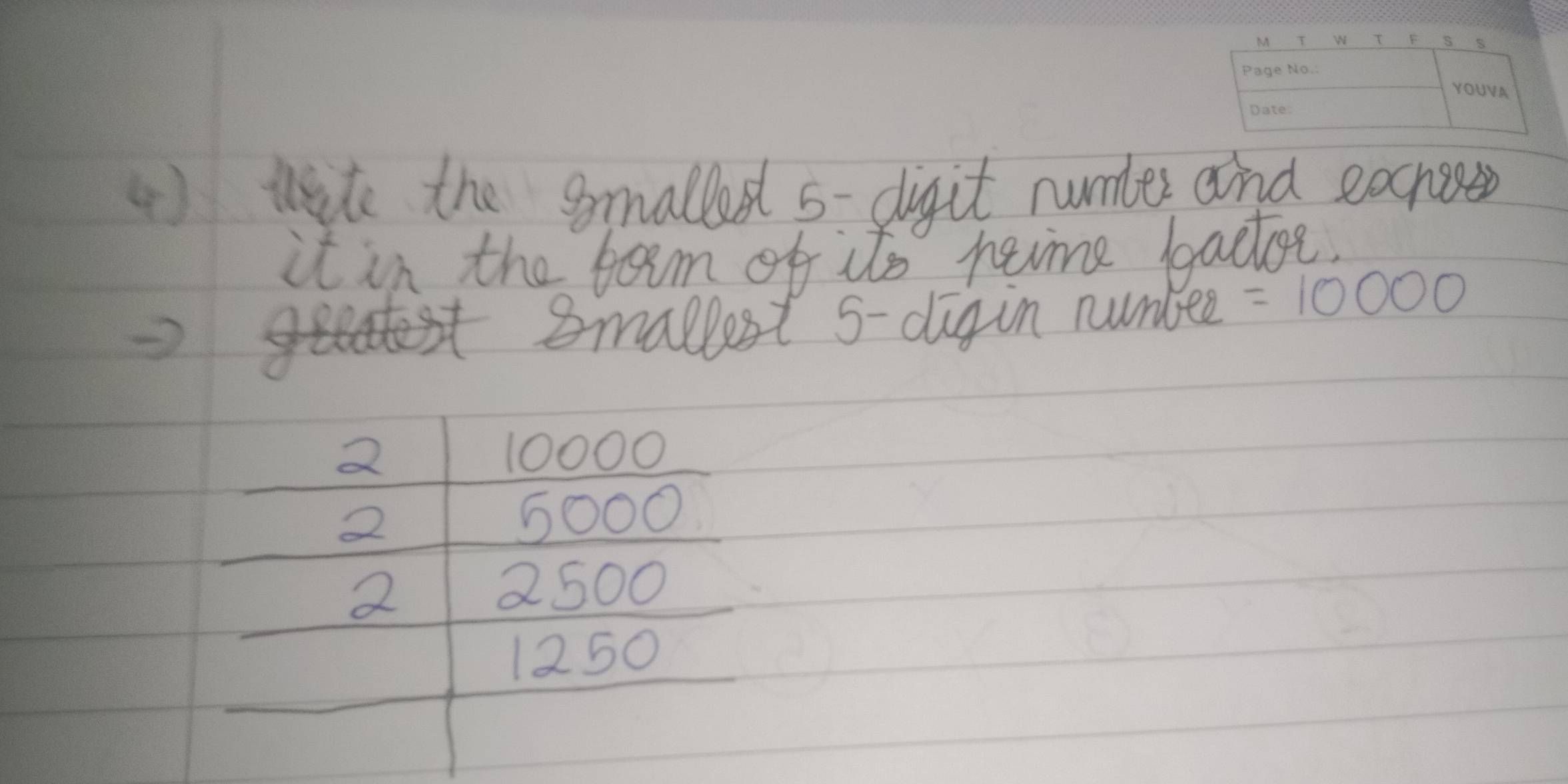 ( ) lite the Smalled 5 - digit number and eohser
it in the teim of tto name bgactee.
smallest 5 -digin numbed =10000
2 10000
2
5000
2
2500
1250